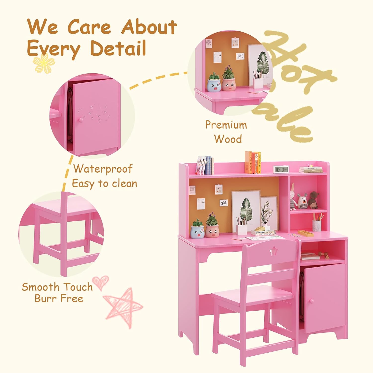 GarveeHome Kids Desk & Chair Set with Hutch, Storage Cabinet, Wooden Children Student Writing Table Computer Workstation for Kids Bedroom & Study Room