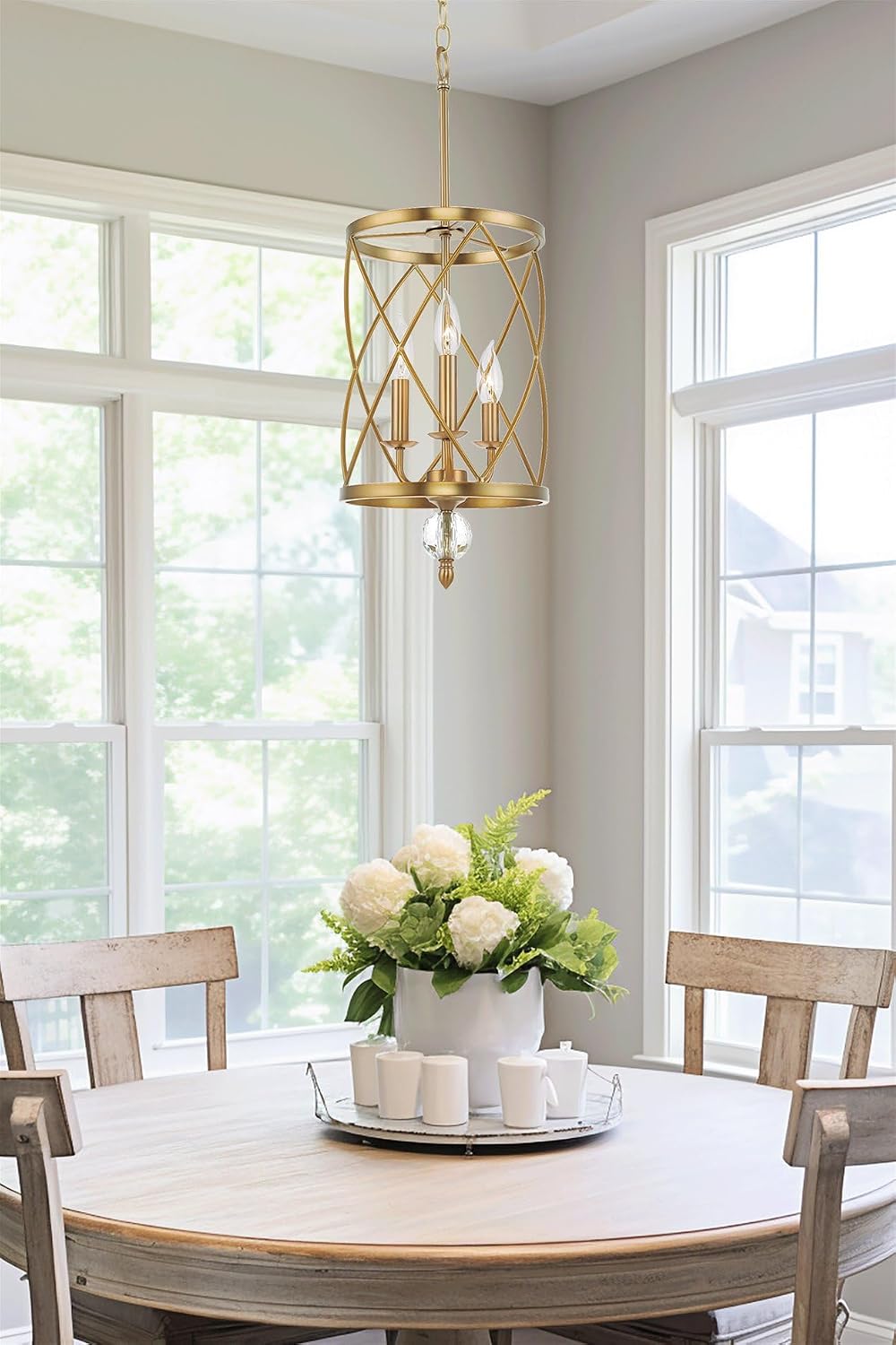 Kira Home Eleanor 27' Modern 3-Light Geometric Gold Lantern Chandelier, Cylinder Trellis Cage Gold Pendant Light with Crystal Finial, Warm Brass Finish