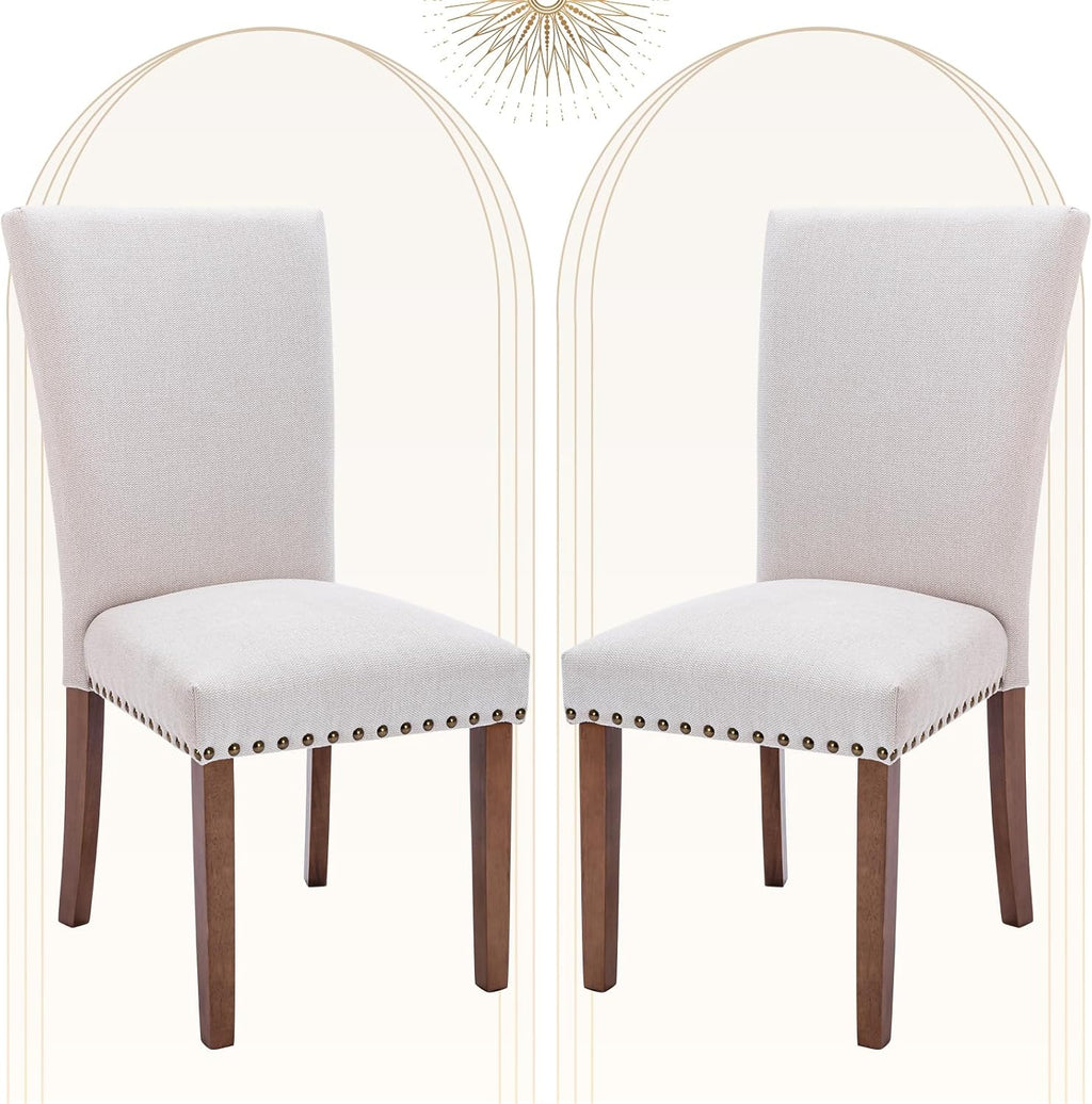 COLAMY Upholstered Dining Chairs Set of 2, Parsons Style Side Chairs with Nailhead Trim and Solid Wood Legs, Comfortable Linen Fabric for Kitchen & Dining Room – Beige
