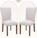 COLAMY Upholstered Dining Chairs Set of 2, Parsons Style Side Chairs with Nailhead Trim and Solid Wood Legs, Comfortable Linen Fabric for Kitchen & Dining Room – Beige