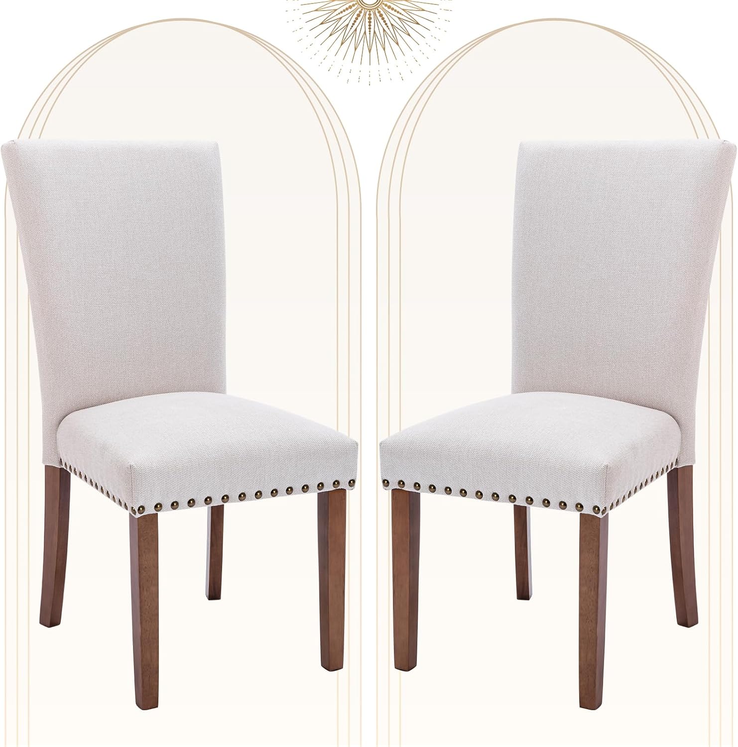 COLAMY Upholstered Dining Chairs Set of 2, Parsons Style Side Chairs with Nailhead Trim and Solid Wood Legs, Comfortable Linen Fabric for Kitchen & Dining Room – Beige