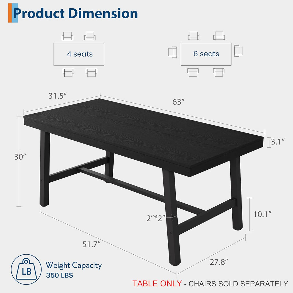 GarveeHome Industrial Dining Table for 4-6 People, 63' Long Large Kitchen Table with Sturdy Metal Frame, Rectangular Counter for Dinner, Kitchen, Dining Room (Black, 63' Non-extendable)