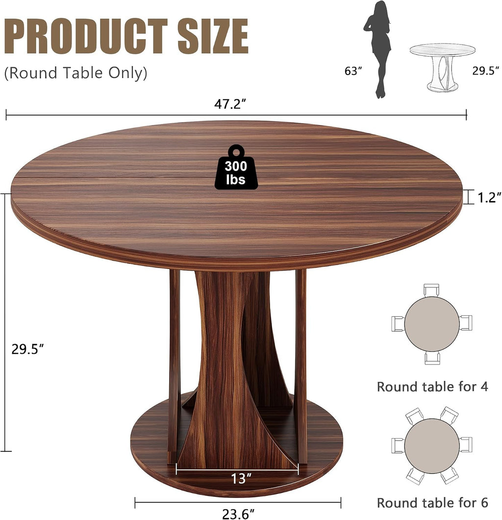 Einhomn Round Dining Table for 4-6, Kitchen Table with Sturdy Double Arc & Rounded Base & Backboard Clasp Desktop, Mid-Century Modern Circle Dinner Table for Dining Living Room, Space Saving, Walnut