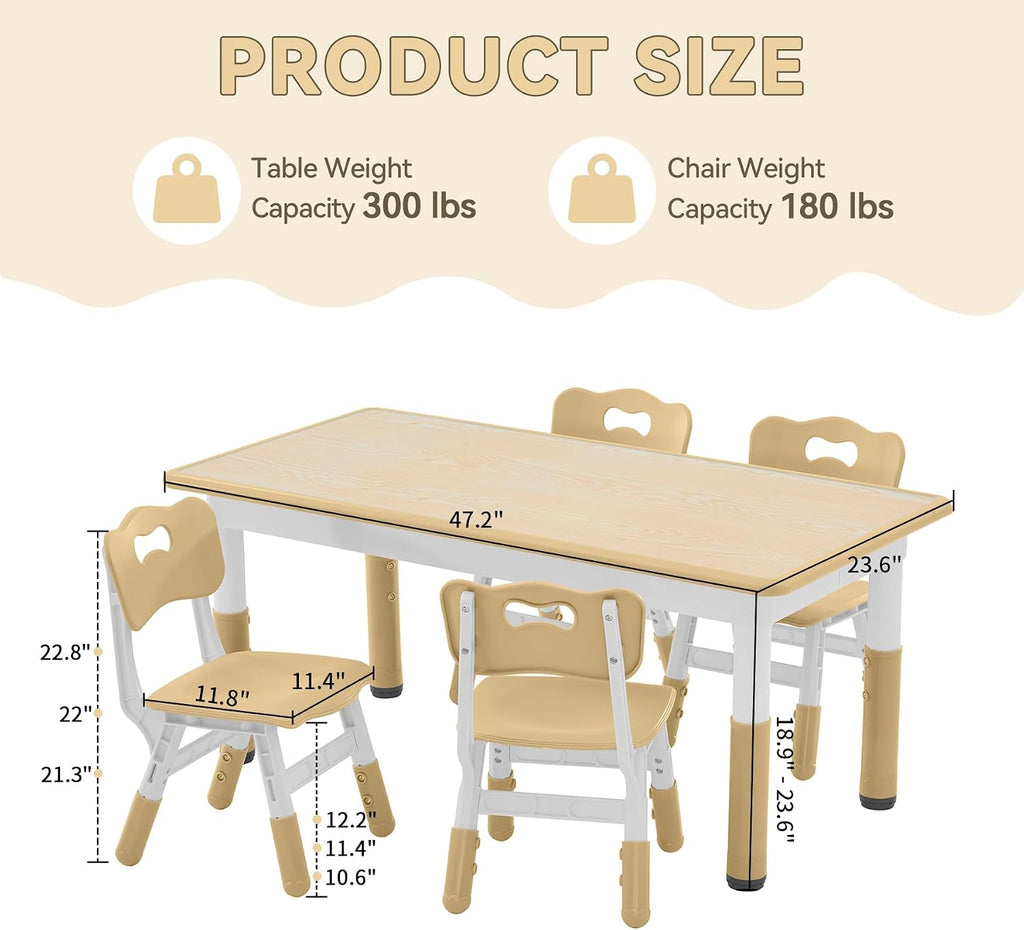 GITAWUSA Kids Study Table and Chairs Set, Height Adjustable Toddler Table and Chair Set for Kids Ages 3-8, Graffiti Desktop (Light Brown)