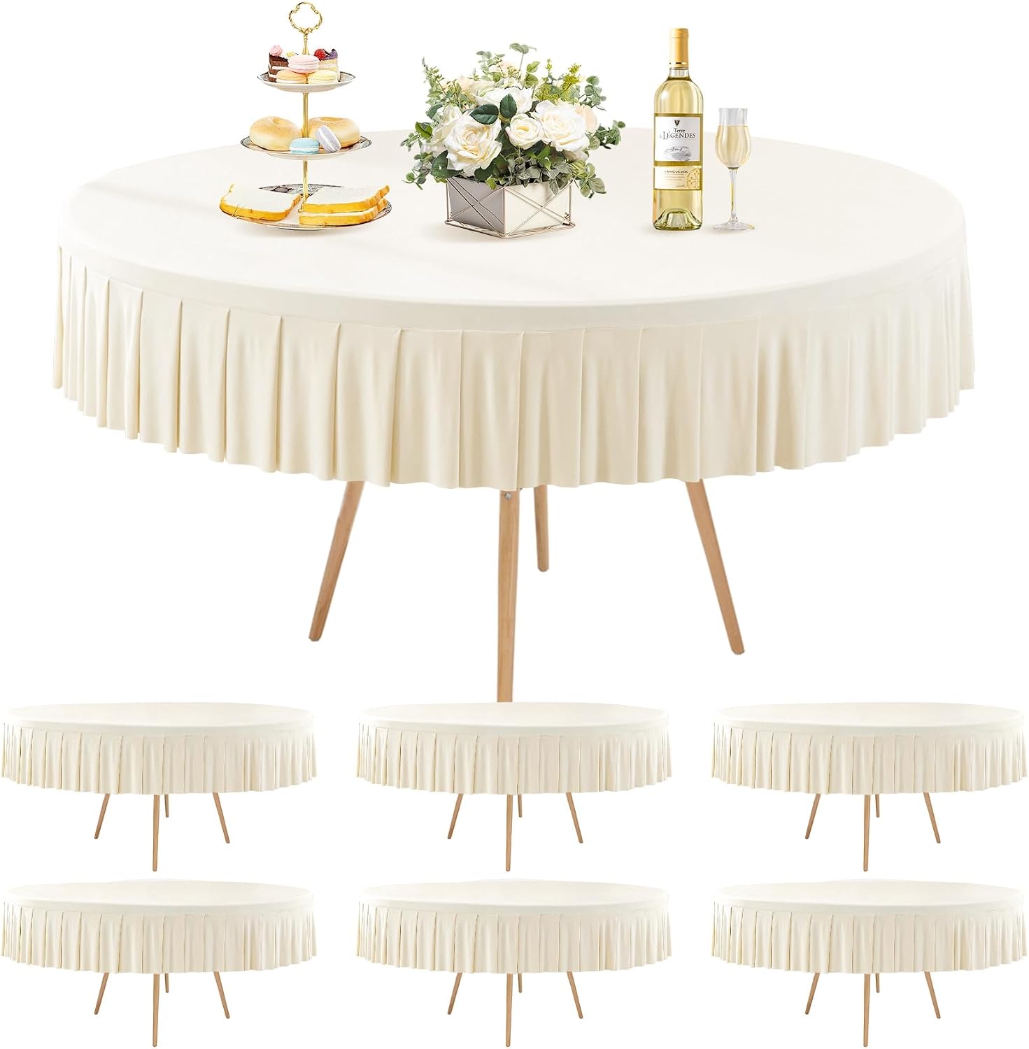 Ivory Spandex Round Tablecloths - 6 Pack, Fitted 5FT, Wrinkle Free Table Cover with Skirt for Wedding Party Dining Banquet
