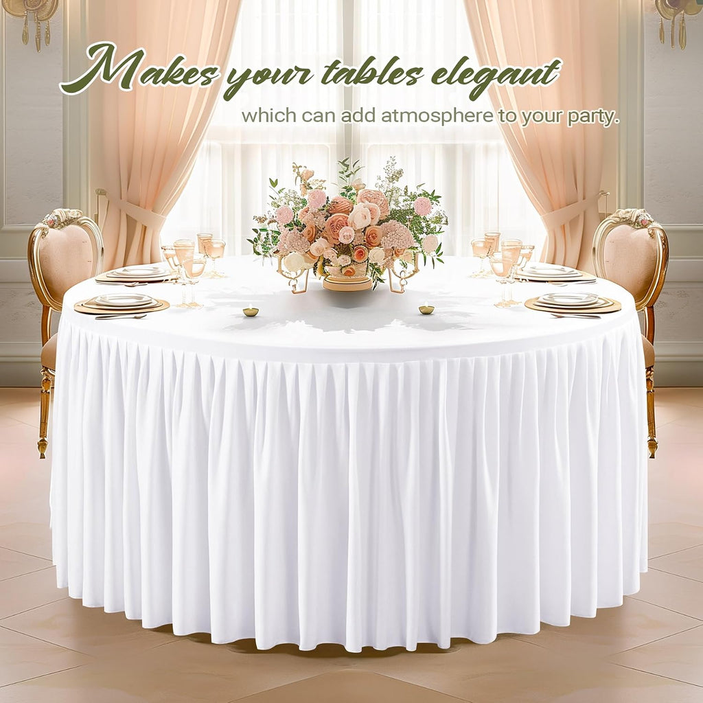 Wish Care 6 Packs 5FT Round Tablecloth 60 Inch, White Stretchy Fitted Table Cloths, Wrinkle Resistant Polyester Table Cover with Pleated Ruffle Skirt for Party, Wedding and Banquet Decoration