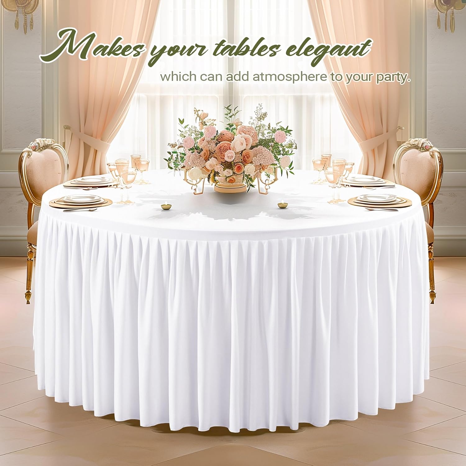 Wish Care 6 Packs 5FT Round Tablecloth 60 Inch, White Stretchy Fitted Table Cloths, Wrinkle Resistant Polyester Table Cover with Pleated Ruffle Skirt for Party, Wedding and Banquet Decoration