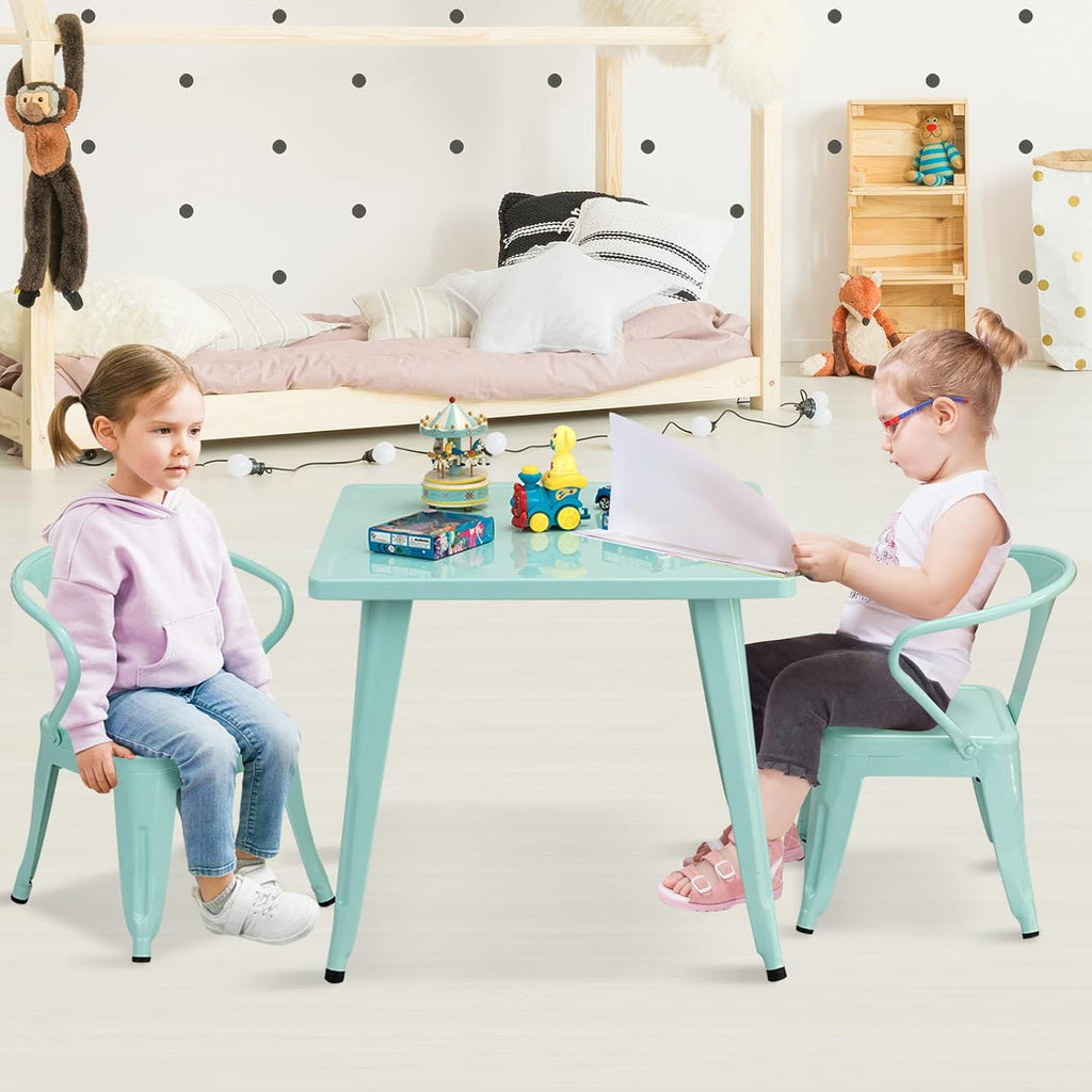 Costzon Kids Table and 2 Chair Set for Indoor/Outdoor Use, Steel Table and Stackable Chairs, Preschool, Bedroom, Playroom, Home, Furniture for Toddlers Boys & Girls(Mint Green, Table & Chairs)