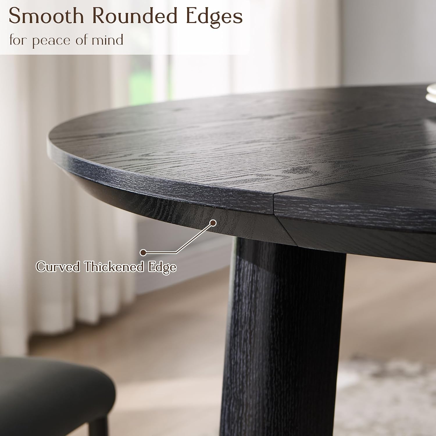 OKD 47' Dining Table for 4-6, Round Dining Room Table with Triangular Structure Pedestal Stable Base, Curved Table Edge, Circle Kitchen Tables for Dining Room, Kitchen, Black Oak