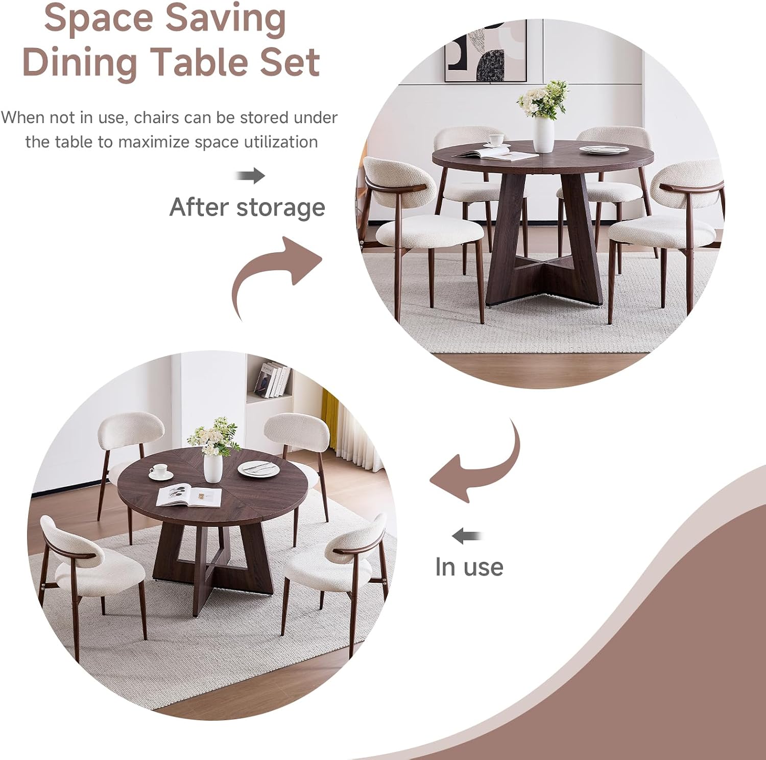 47' Round Dining Table Set for 4 with Chairs Circle Kitchen Table and Chairs Set Mid-Century Modern Chair with Metal Legs for Apartment Living Room(1 Walnut Table + 4 Beige Chairs)