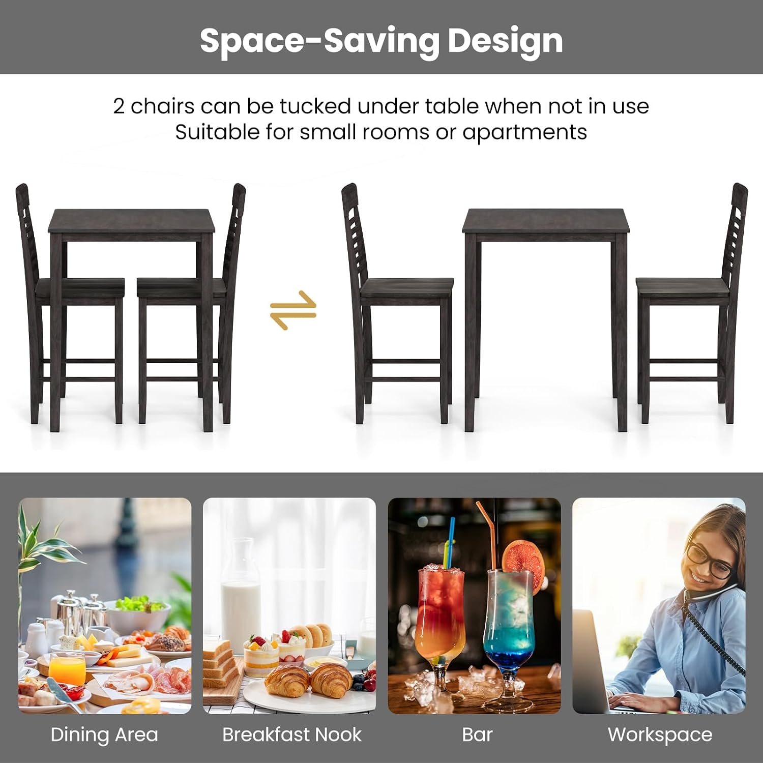 Giantex 3-Piece Dining Table Set for 2, Counter-Height Square Kitchen Table and Chairs Set with Rubber Wood Frame, Curved Back, Footrest, Bar Table Set for Small Place Dinette Breakfast Nook