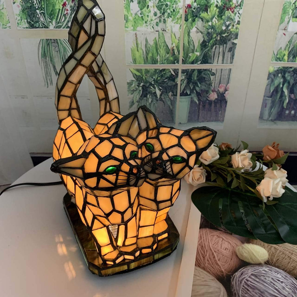 Bieye L10771 Cats in Love Tiffany Style Stained Glass Accent Table Lamp Night Light for Home Decoration (Two Cats, Yellow)