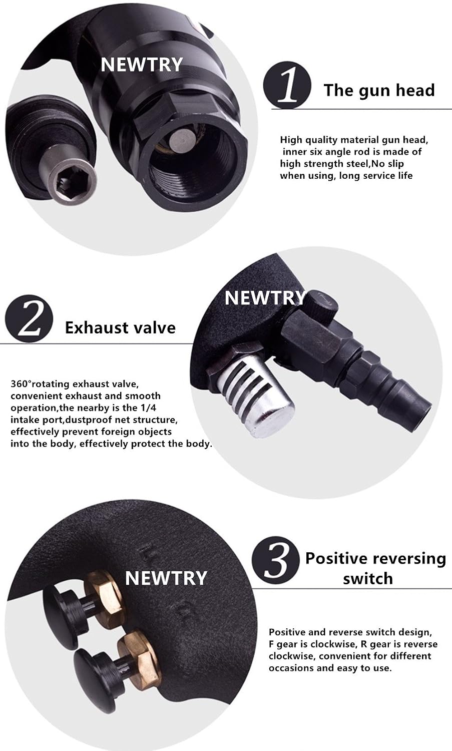 NEWTRY Air Rivet Nut Gun Pneumatic Riveter Riveting Tool Kit with Self-locking Head for 5/16,25/64 Nut (6108 gun with M8,M10 head)