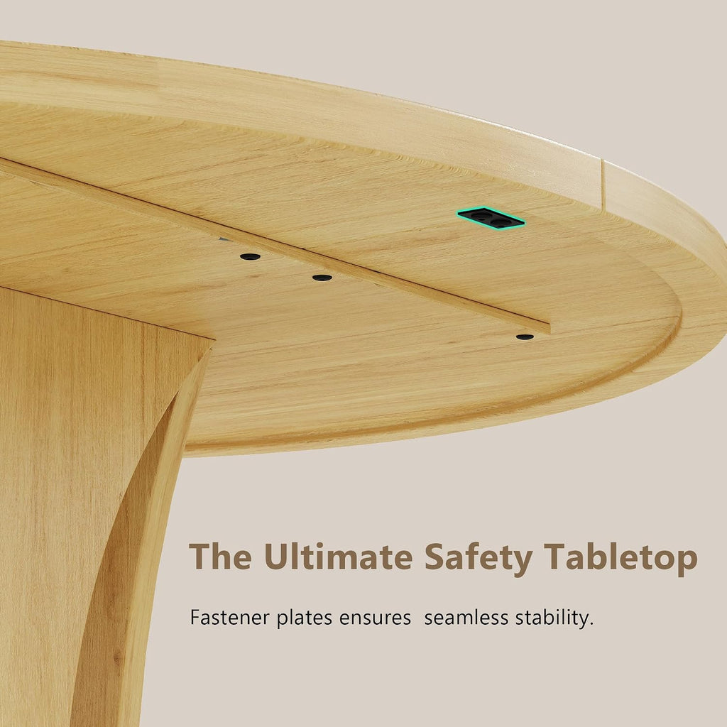 Einhomn Round Dining Table for 4-6, Kitchen Table with Sturdy Double Arc & Rounded Base & Backboard Clasp Desktop, Mid-Century Modern Circle Dinner Table for Dining Living Room, Space Saving, Natrual