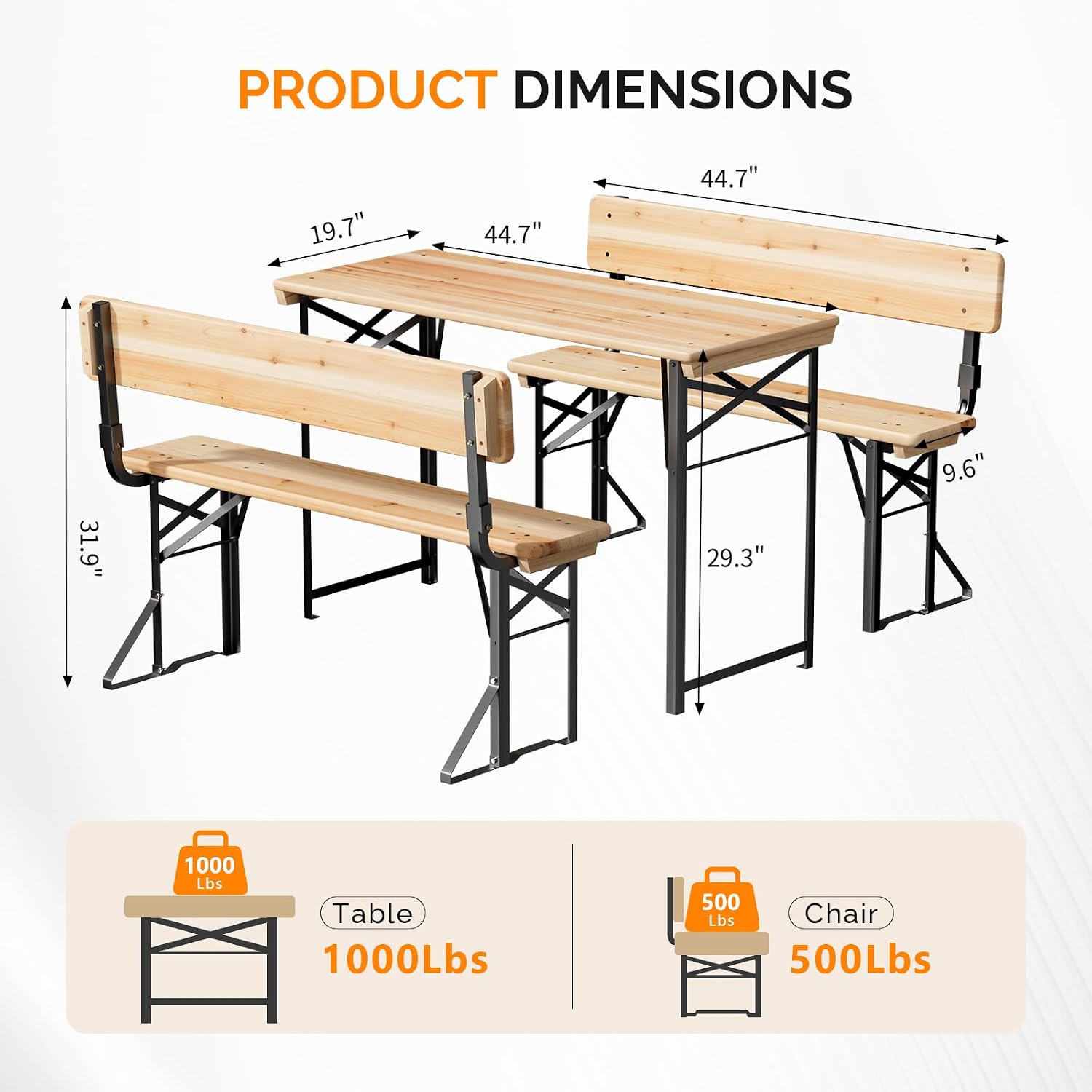 VINGLI 45 Inch Folding Picnic Tables and Chair Set with Backrest Bench, Weather-Resistant Wooden Beer Garden Table Bench, 3-Piece Portable Fold Up Camping BBQ Table,Natural Wood Color