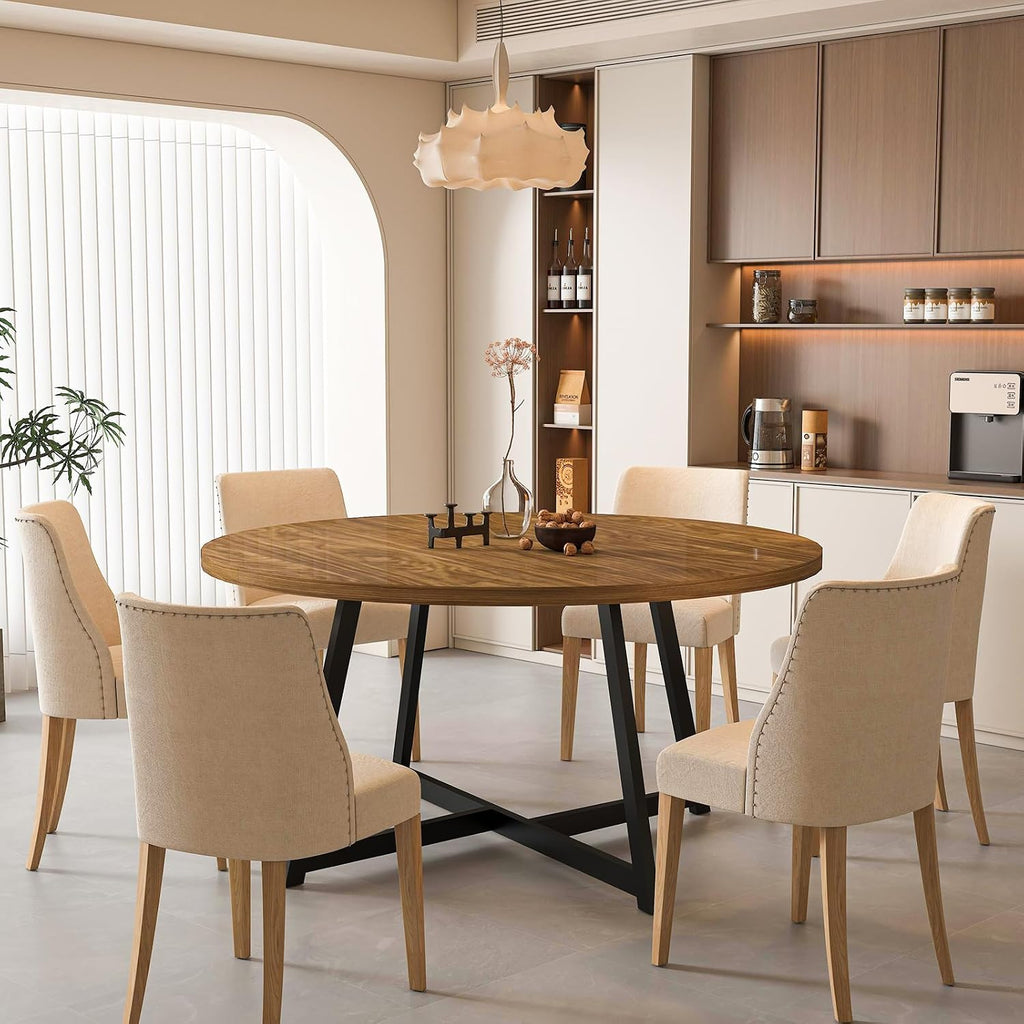 Large Round Dining Table for 6-8, Wooden Dinner Table with Heavy Duty Metal Pedestal Base, for Kitchen Living Room, Space Saving, 59 Inch, Brown