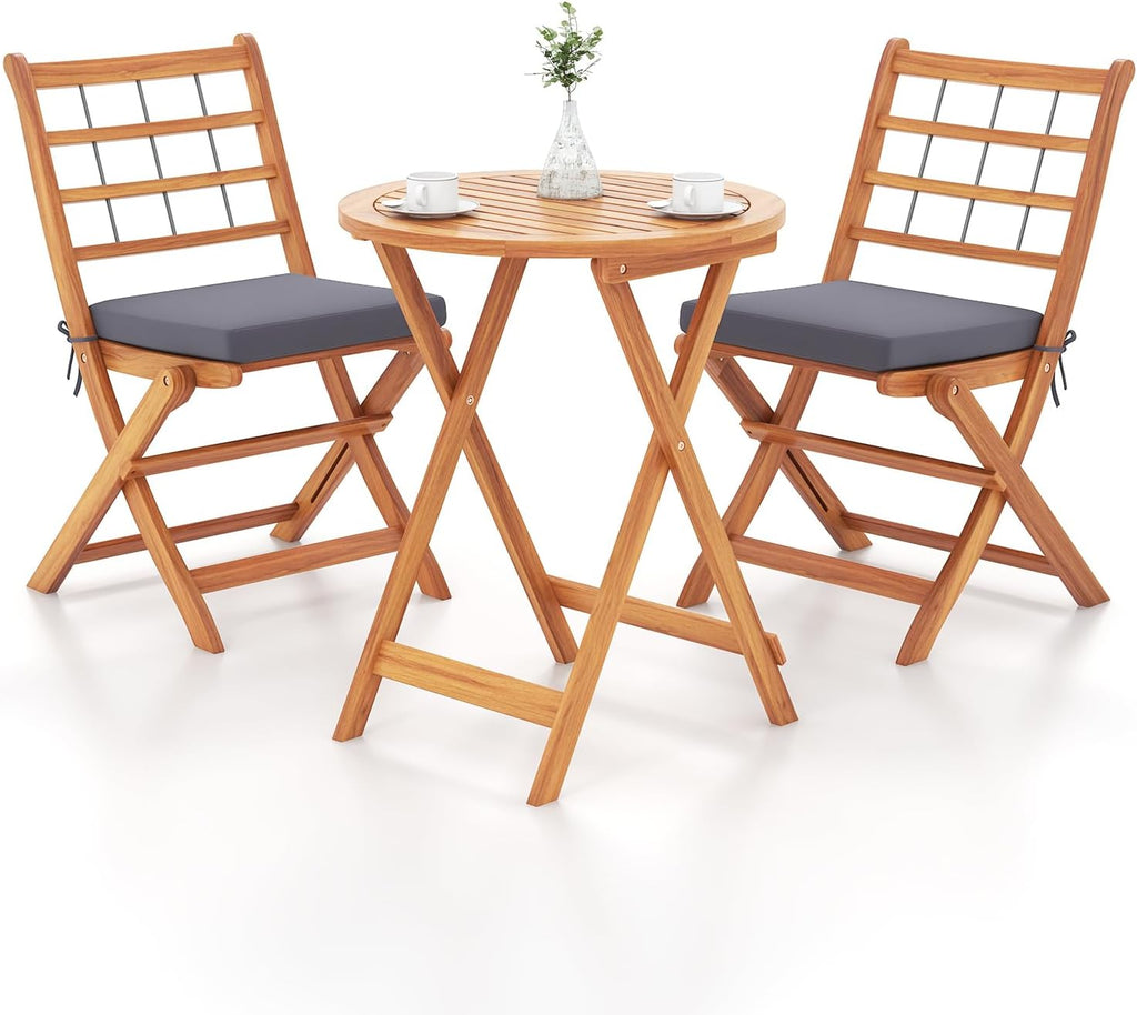 Tangkula 3 Piece Patio Wood Bistro Set, Folding Table Chair Set w/Soft Seat Cushions, Acacia Wood Frame, High-Back Portable Chairs w/Table for Backyard, Poolside (Grey)