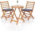 Tangkula 3 Piece Patio Wood Bistro Set, Folding Table Chair Set w/Soft Seat Cushions, Acacia Wood Frame, High-Back Portable Chairs w/Table for Backyard, Poolside (Grey)