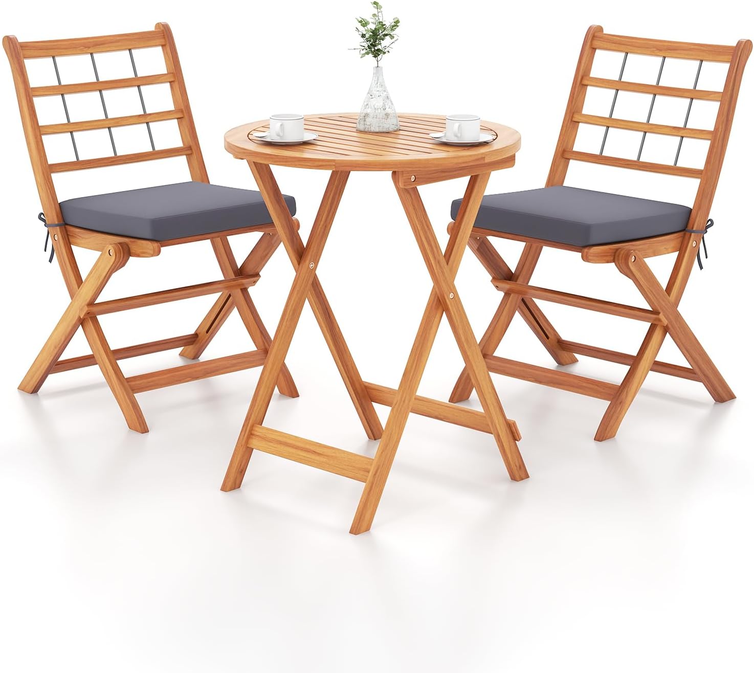 Tangkula 3 Piece Patio Wood Bistro Set, Folding Table Chair Set w/Soft Seat Cushions, Acacia Wood Frame, High-Back Portable Chairs w/Table for Backyard, Poolside (Grey)