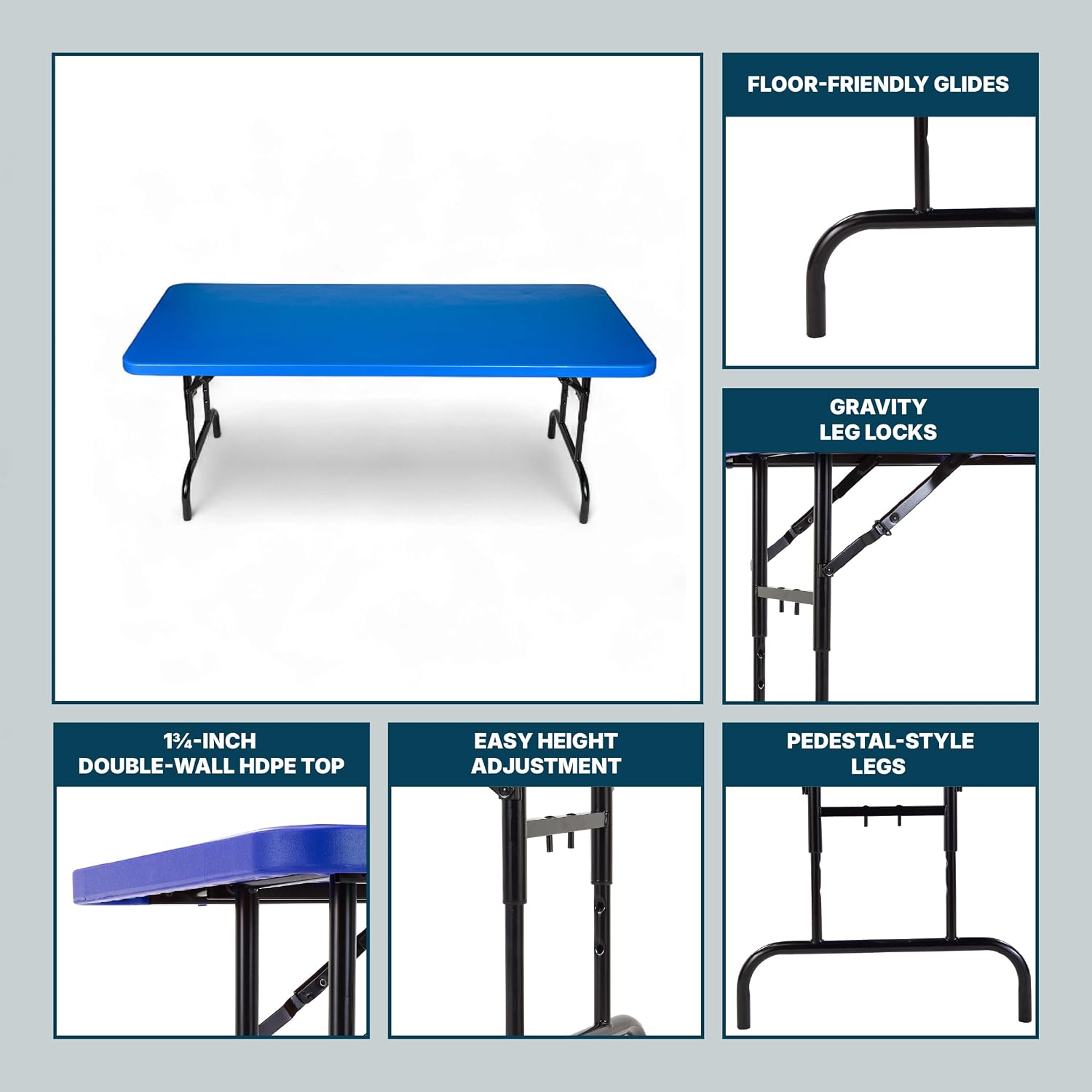 OEF Furnishings OEFBTA-3072-04 Adjustable-Height Commercial-Grade Premium Industrial Folding Table, 6-Foot Pedestal-Leg Design with 17-Gauge Steel Frame and Thick Double-Wall Top (72' × 30', Blue Top)