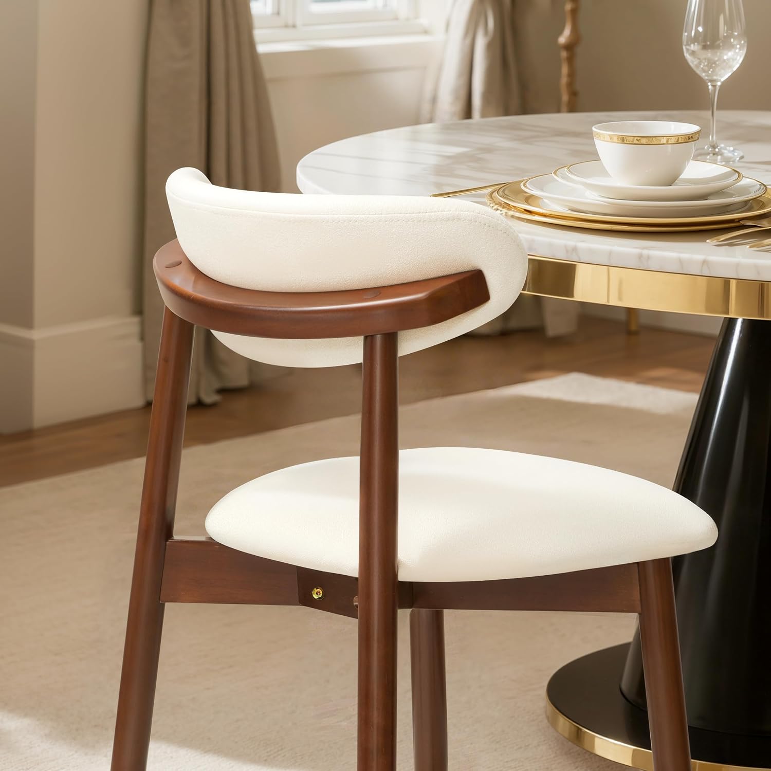 CHUN YI Dining Chairs Set of 8, Upholstered Wooden Dining Room Chairs, Mid Century Modern Fabric Kitchen Chair with Ergonomic Curved Backrest, Beige (Only Chairs)