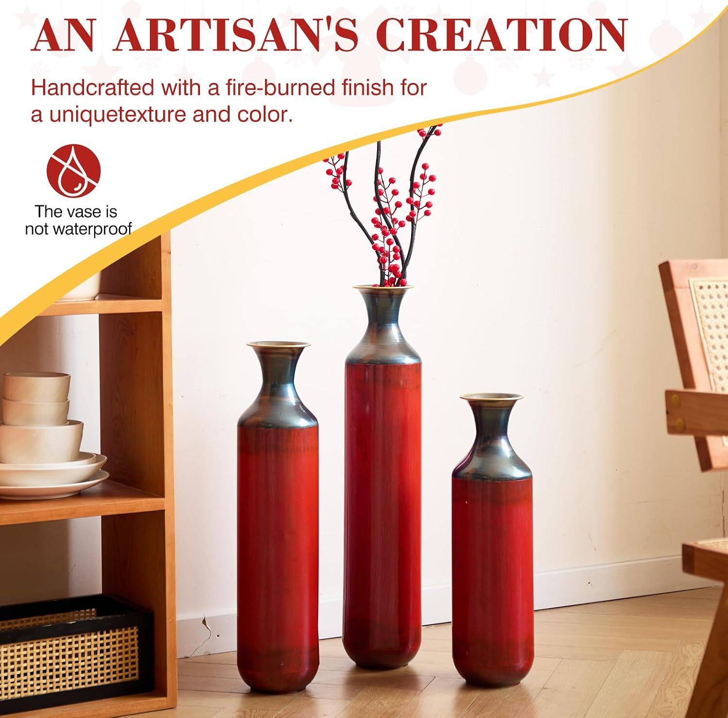 Floor Metal Decorated Vases Set of 3 for Gorgeous Home Decoration Large Glazed Metal Vases (Red)