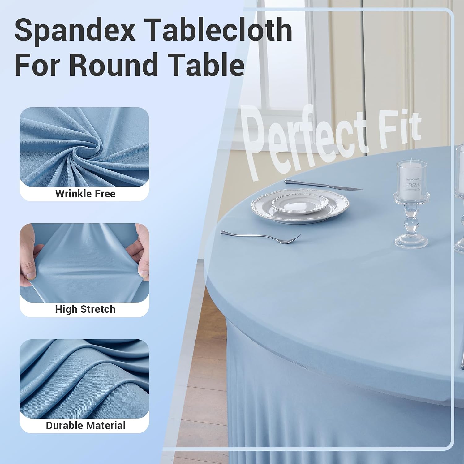 Outpain 6 Pack Dusty Blue Spandex Tablecloth for 60in/5FT Round Tables,Stretchy 120inch Fitted Round Table Cloths, Wrinkle Free Tablecloth with Skirt for Wedding, Graduation & Banquet