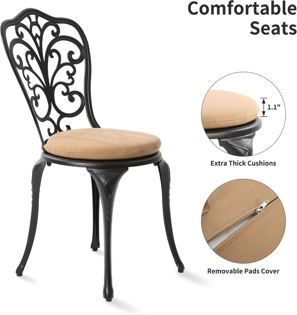 HOMEFUN Bistro Table and Chairs Set of 2 Outdoor 3 Piece Patio Set with Cushion Butterfly Pattern Cast Aluminum Bistro for Garden Balcony, Durable Rust All-Weather Resistance