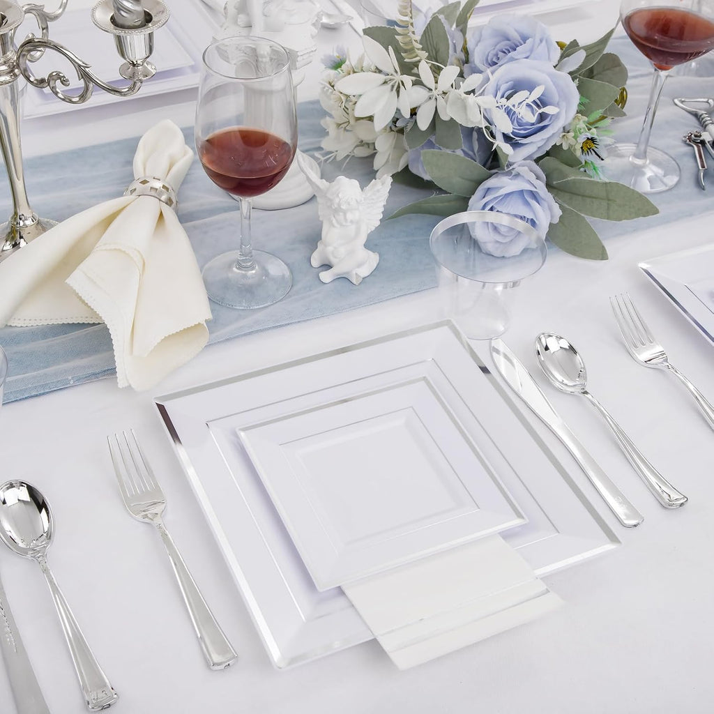 Festiva 350Pcs Silver Plates &350Pcs Clear Plastic Plates with Gold Trim