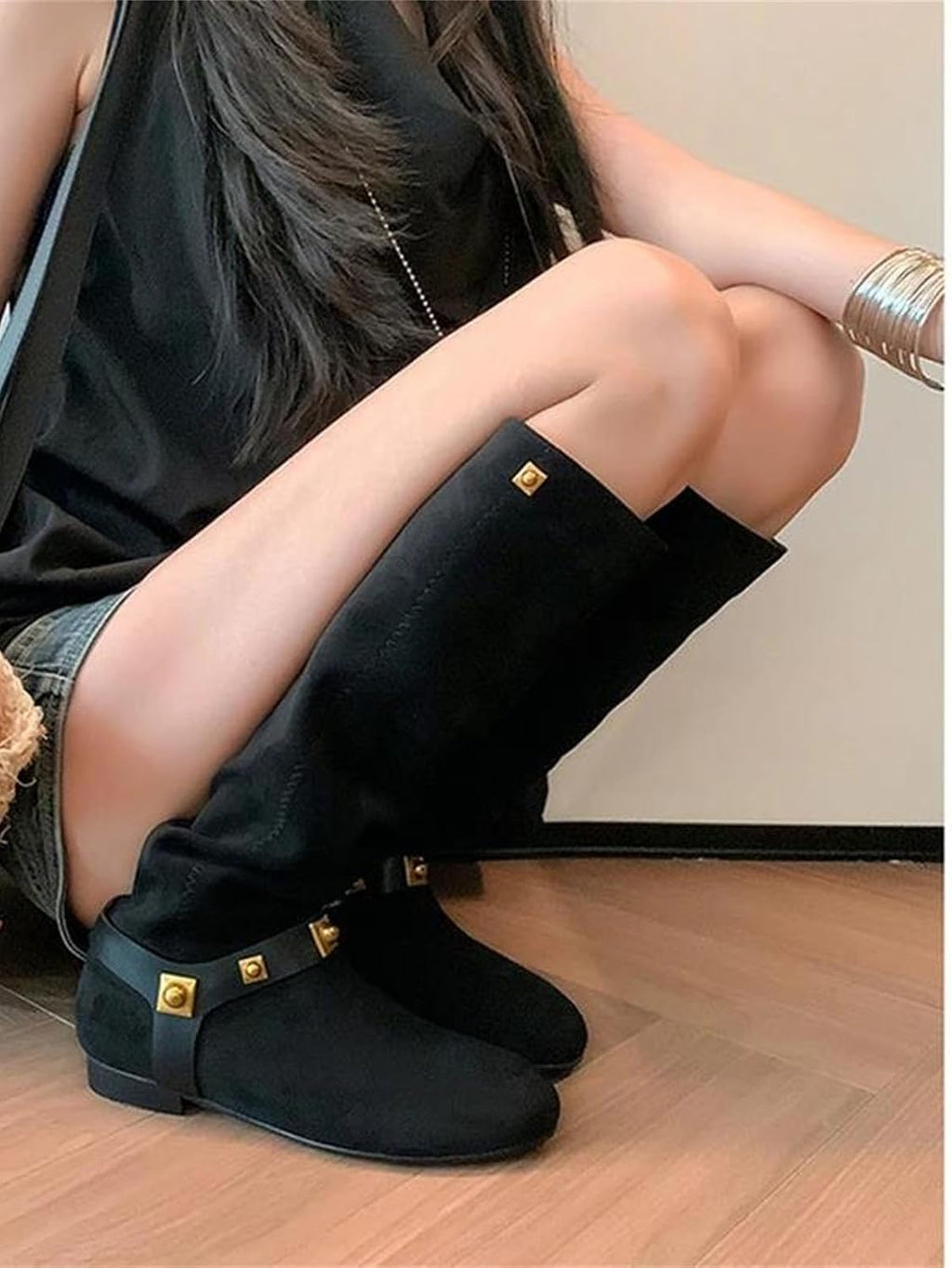 Women's Round Toe Suede Knee High Boots Low Heel Metal Rivet Belt Buckle Fall Winter Fashion Shoes