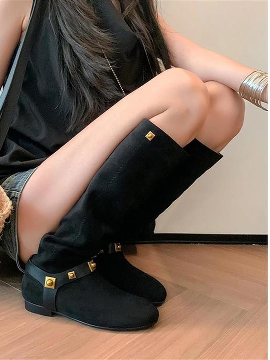 Women's Round Toe Suede Knee High Boots Low Heel Metal Rivet Belt Buckle Fall Winter Fashion Shoes