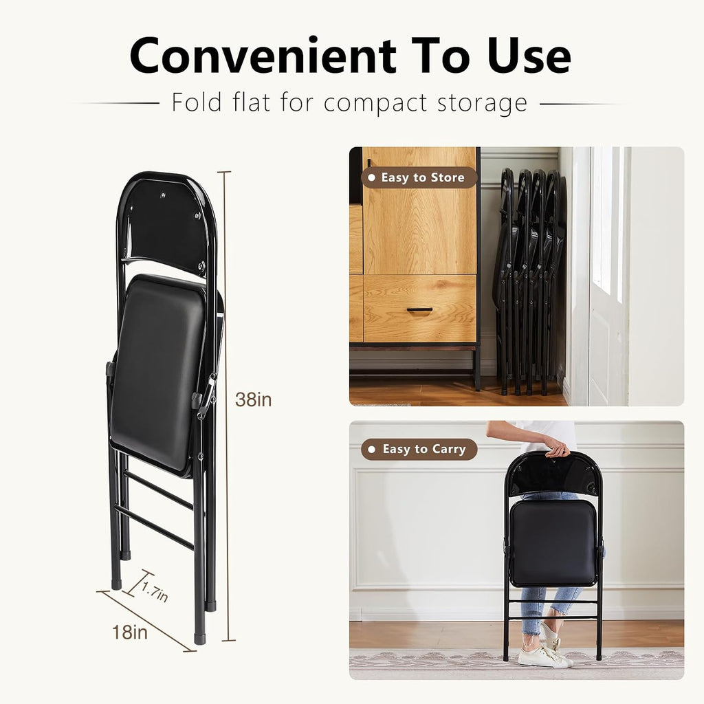 DUMOS 10 Pack Leather Padded Folding Chair, Indoor Outdoor Portable Stackable Commercial Seat with Steel Frame, Capacity for Home, Office, Party, Comfy, Black