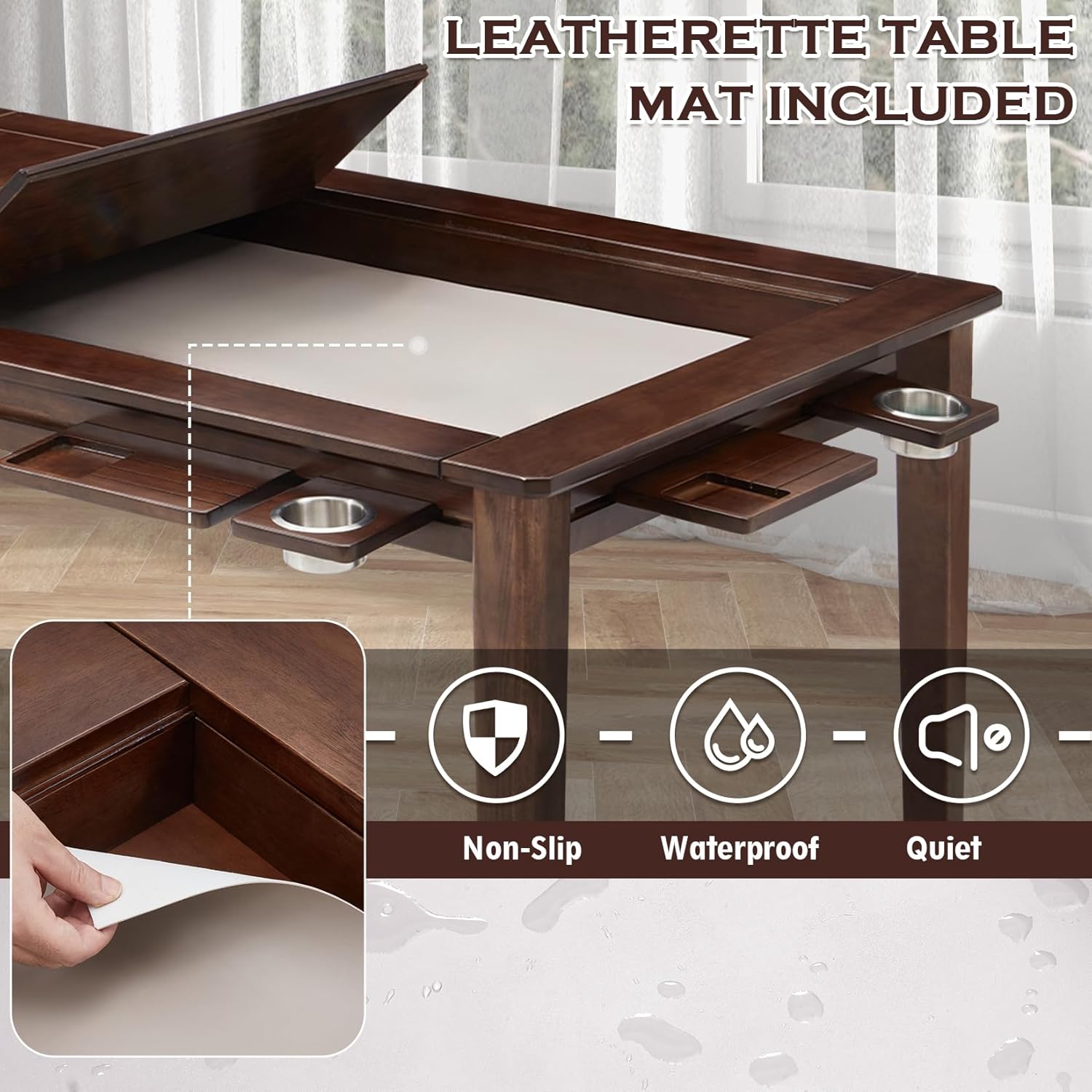 Haddockway 63' ×39' Board Game Table with Removable Top, Solid Wood Dining/Gaming Table for 4-6 Players with Play Mat, 6 Detachable Cup Holders & 6 Hobby Trays (Warm Walnut)