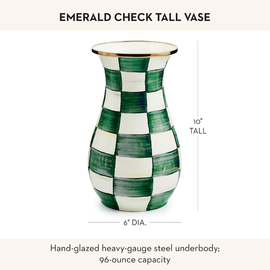 MACKENZIE-CHILDS Tall Enamel Vase, Unique Flower-Vase Decor for Living Room, Green-and-White Emerald Check