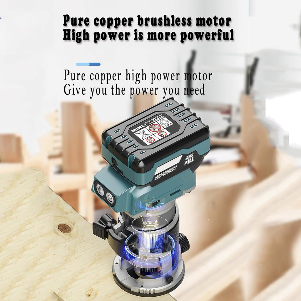 Cordless Compact Router, Portable Woodworking Router Slotting with 4 Bases, 5 Levels Adjustable, 20MM Depth Adjustable, Dust Hood, Electric Hand Laminate Trimmer Set Wood Routing Trimming
