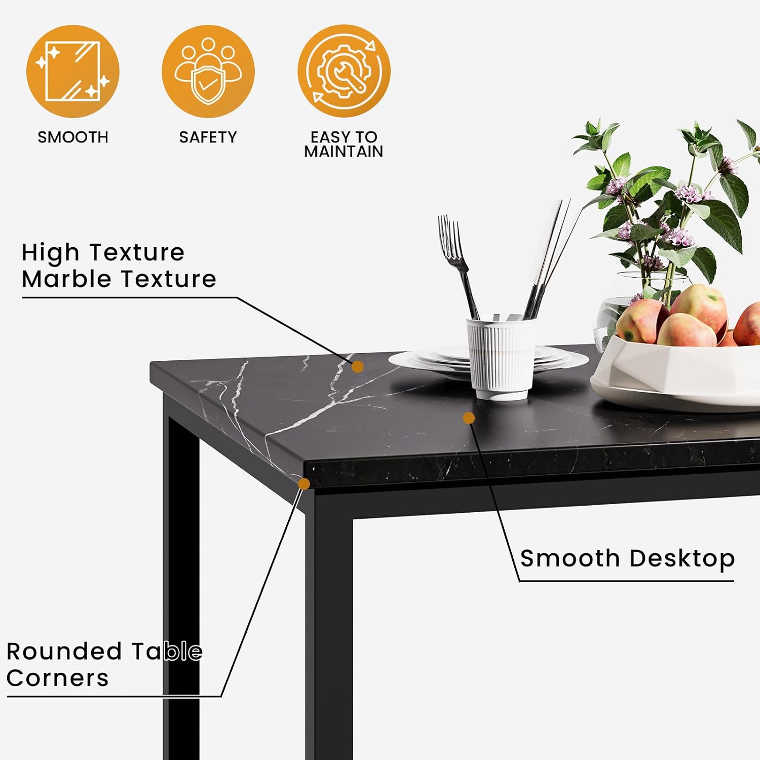 Recaceik Dining Table Set for 6, Faux Marble 7 Piece Dining Table Set with Chairs, Kitchen Table Set with PU Leather Dining Chairs for Small Space & Breakfast Nook, Black
