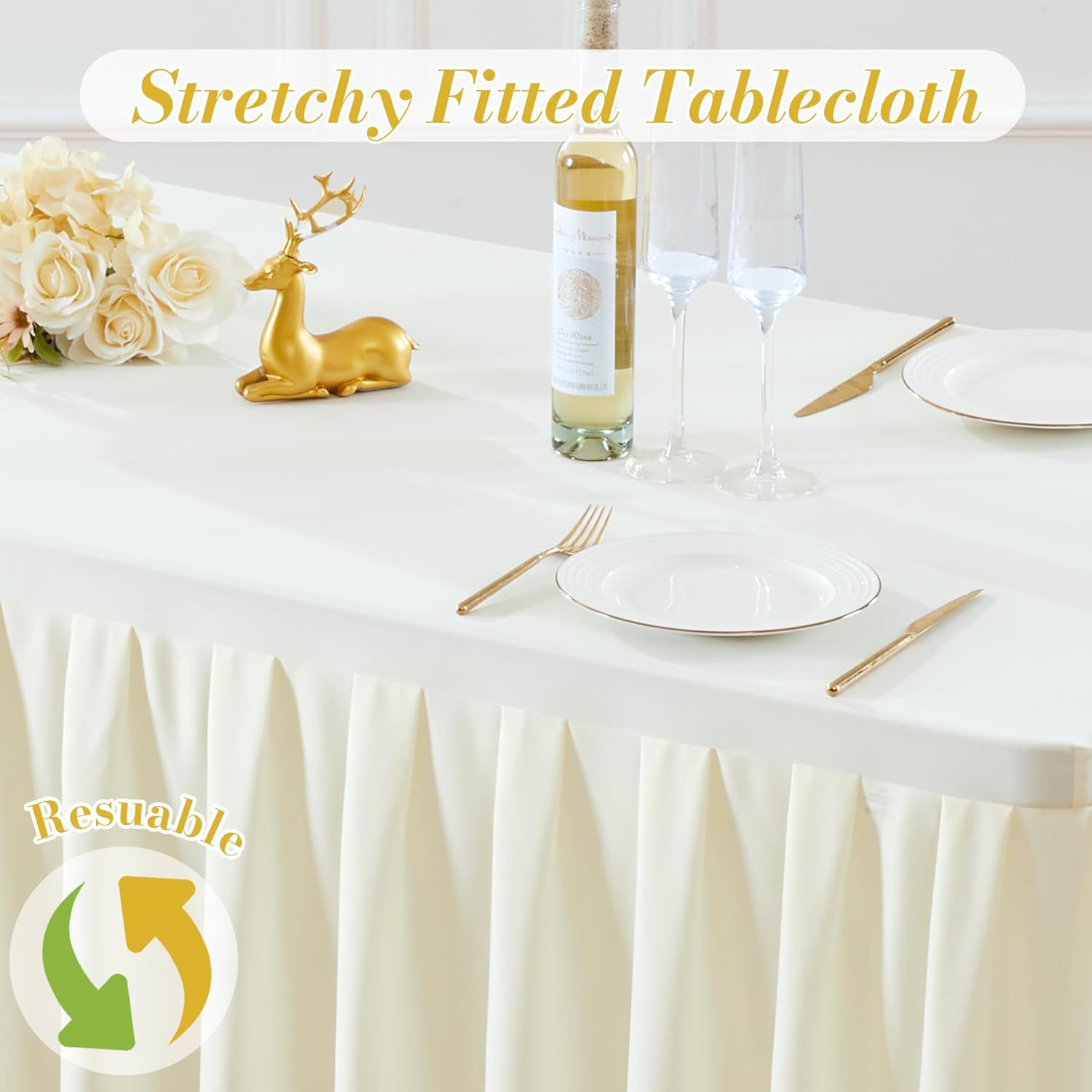 6 Pack Ivory Rectangle Tablecloth 8 FT Stretch Spandex Fitted Table Cloth for 8 Foot Rectangle Tables Banquet Tablecloths Wrinkle Free Table Cover Skirt Ruffle Tablecloth for Party Wedding Birthday
