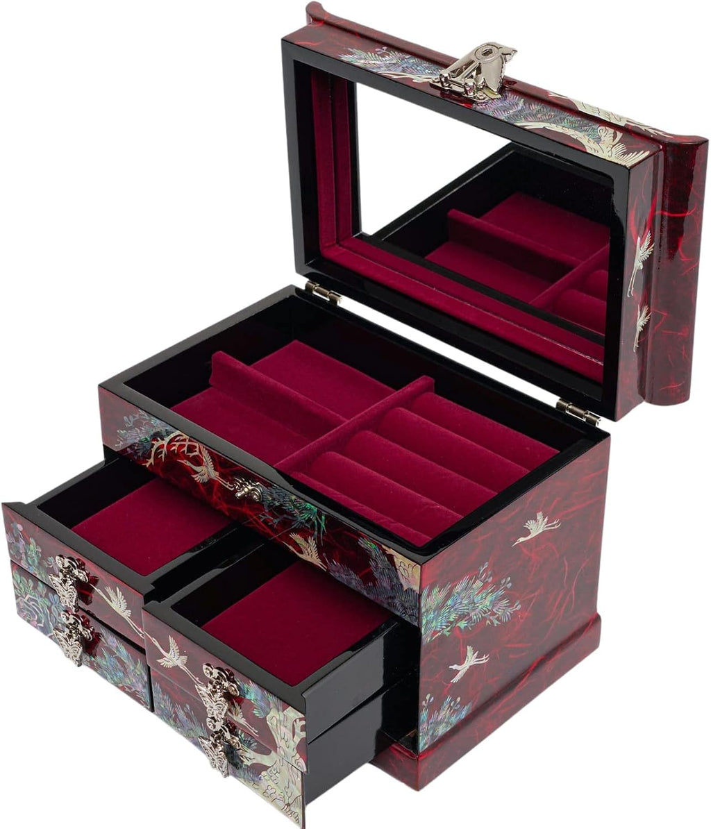 February Mountain Mother of Pearl Wooden Jewelry Organizer Box – Jewelry Storage Box for Women, Features Spacious Drawers, Ideal for Rings, Bracelets, Watches, Chains, Accessories (Crane_Red)