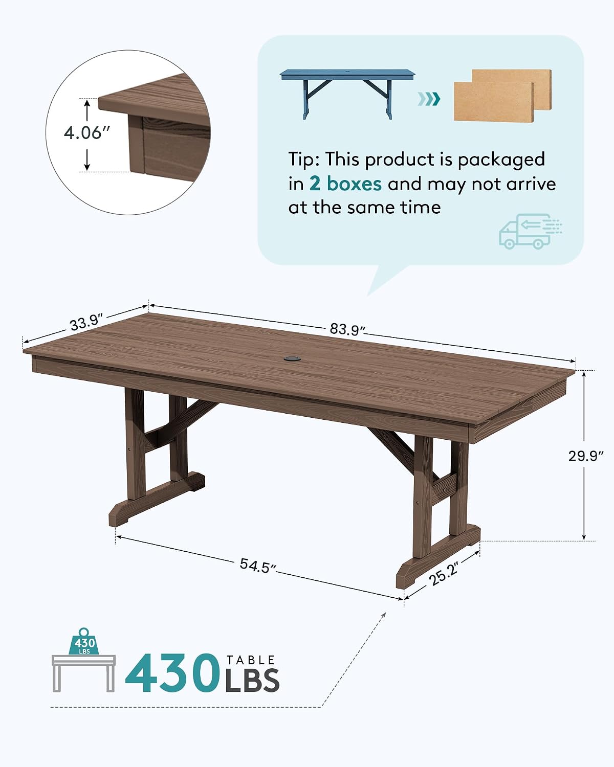 SERWALL Outdoor Dining Table, 84' Rectangular Dining Table for 6-10 Person, All Weather HDPE Patio Dining Table with Umbrella Hole for Backyard, Garden, Brown