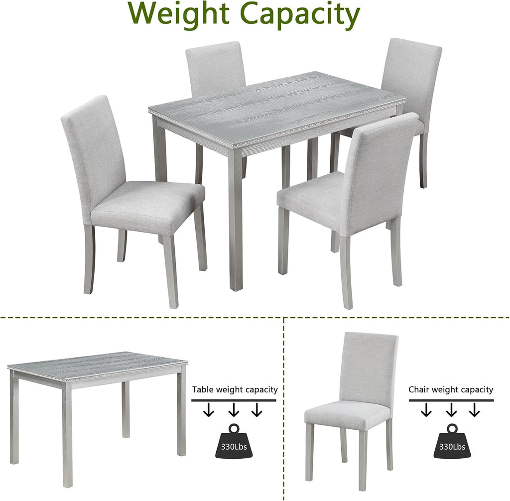 LUMISOL Dining Table Set for 4, 5-Piece Solid Wood Kitchen Table Set with 4 Upholstered Chairs for Kitchen, Dining Room, Home Bar, Grey