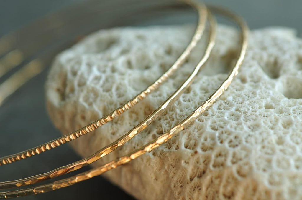 14k gold filled Bangles hammered slip on set of 3 textures, Mu-Yin Jewelry Handmade in USA