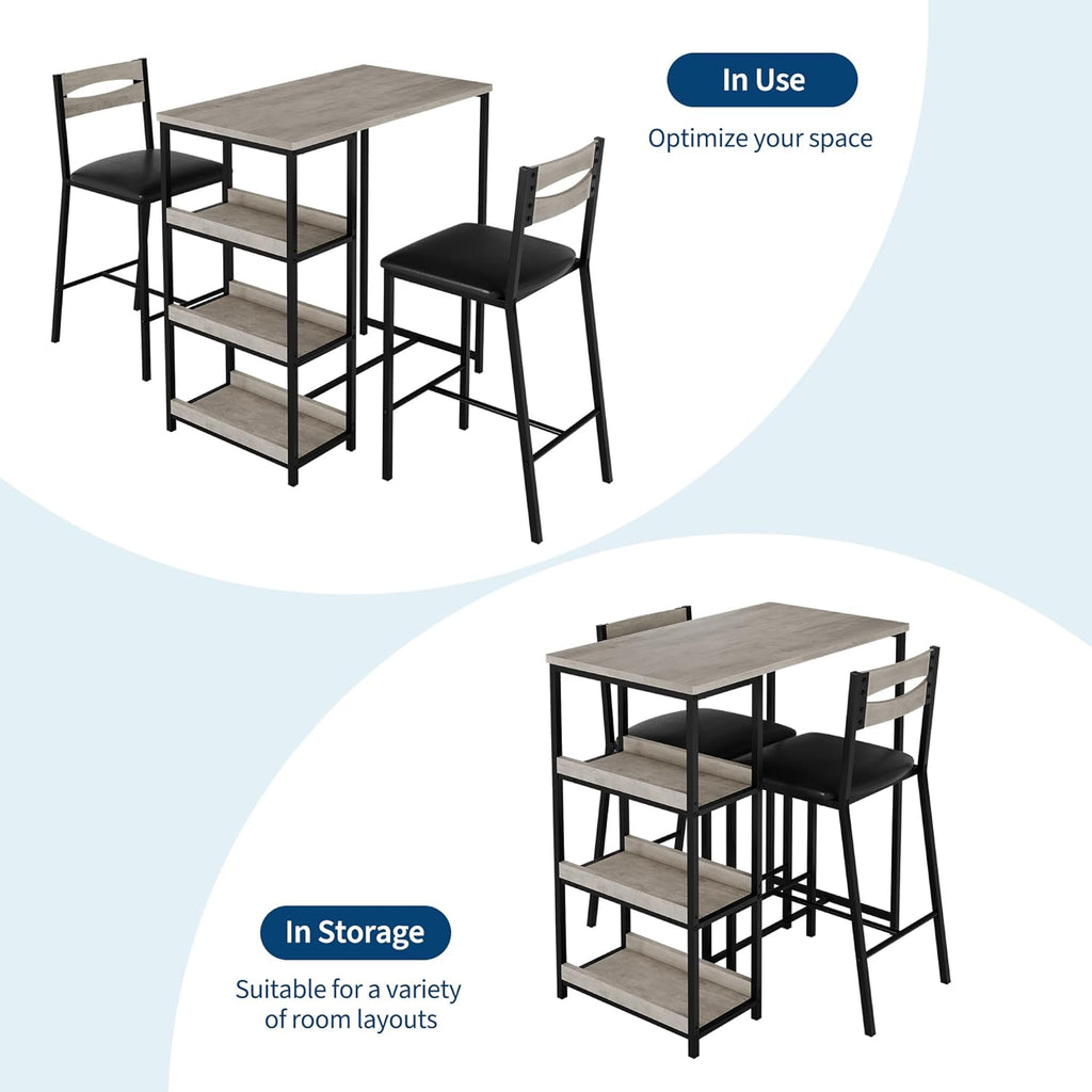 GarveeHome 3-Piece Kitchen Table Set with Storage Shelves & 2 Upholstered Chairs - Iron and Wood Dining Table for Small Spaces, Apartments, Condos, Grey