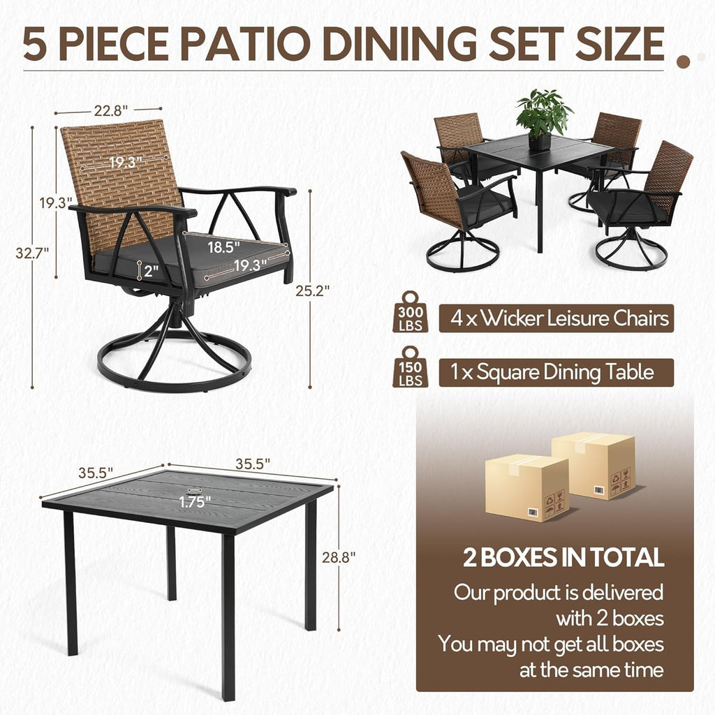 5-Piece Patio Dining Set for 4，Outdoor Dining Set with Wicker Swivel Patio Dining Chairs with Cushions & 1 Black Square Woodgrain Dining Table with 1.75'Market Umbrella Hole, Black & Brown