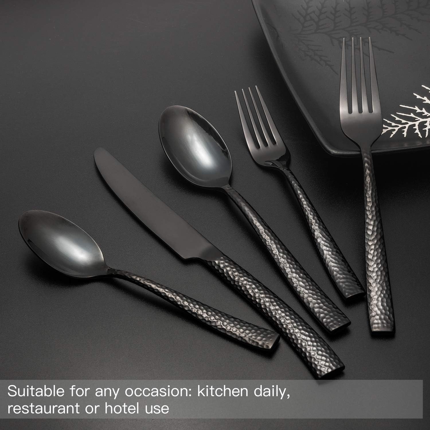 Silverware Set Black Flatware Set Hammered Stainless Steel Cutlery Set Mirror Finished 60 Pieces Home Faimily Use Service for 12