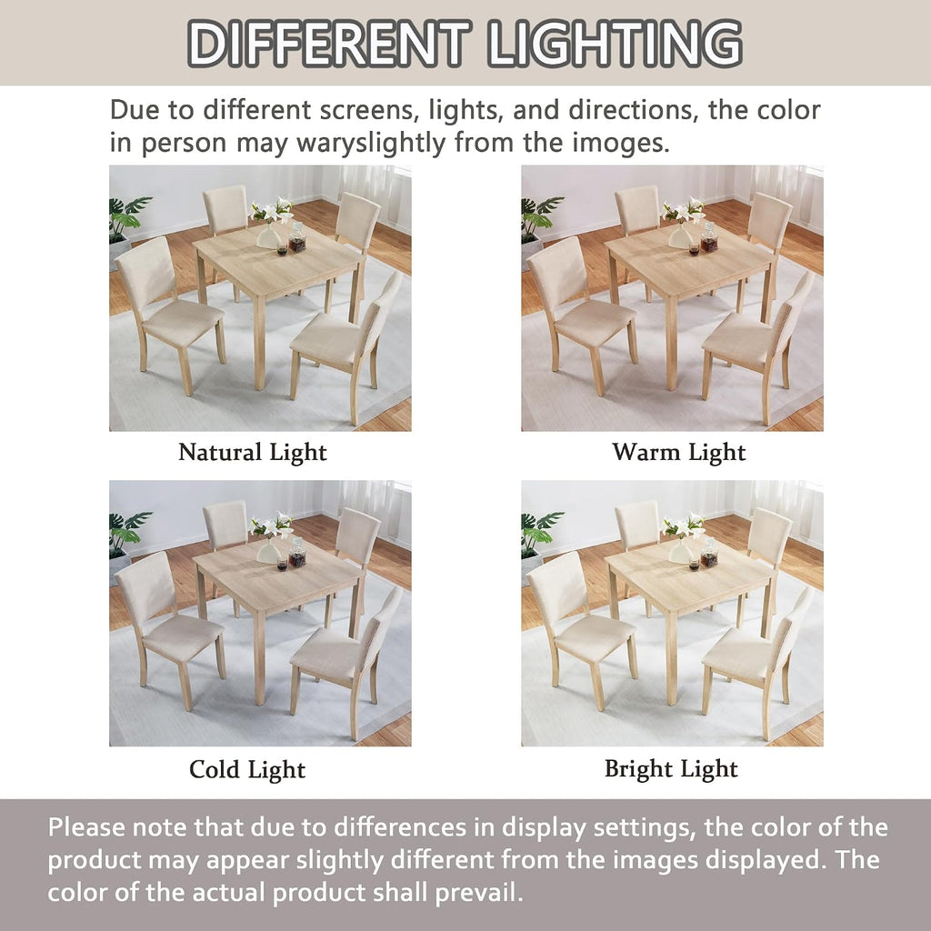 KEIKI 5-Piece Standard Height Dining Table Set with Square Table, 4 Upholstered Curved Backrest Chair, for 4 Person, Modern Style Table Set, Easy Assembly, for Kitchen, Dining Room, Light Oak+Beige
