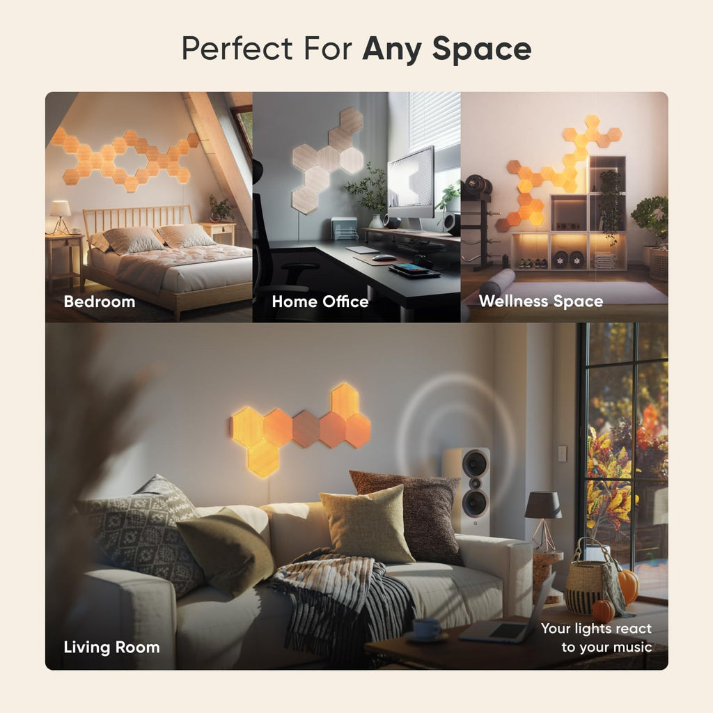 Nanoleaf Elements Wood Look Smart Wall Lights, Hexagon LED Wall Lights Compatible with Alexa Google Assistant, Home Wall Decor for Living Room with Music Sync, Touch Control, Ambient Lighting, 7 PK