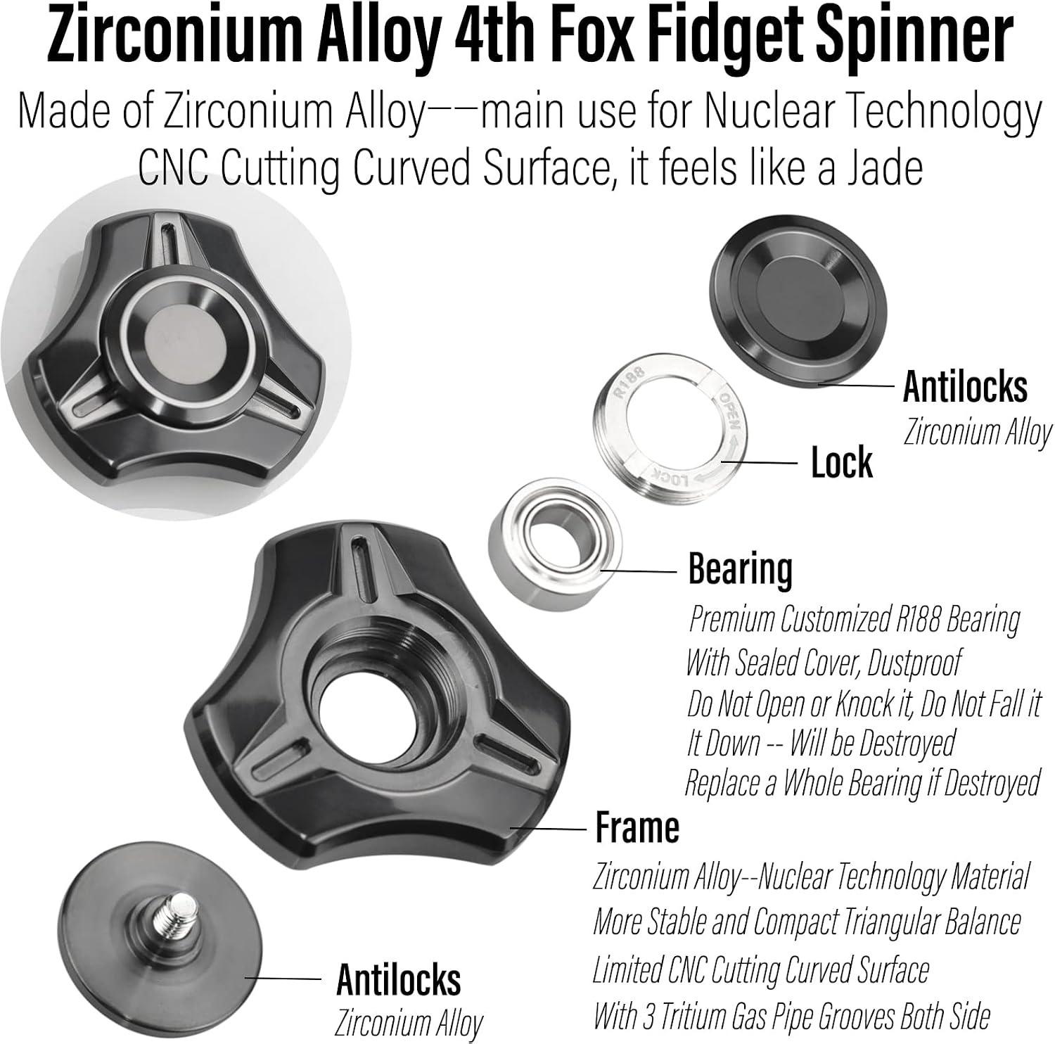 FREELOVE Premium Metal Fidget Spinner for Adults, Stainless Steel Heavy Silent Spinner with Precision Bearing, Small Office Desk Toy & EDC for Stress Relief Focus ADHD, Mini Zirconium Alloy Black