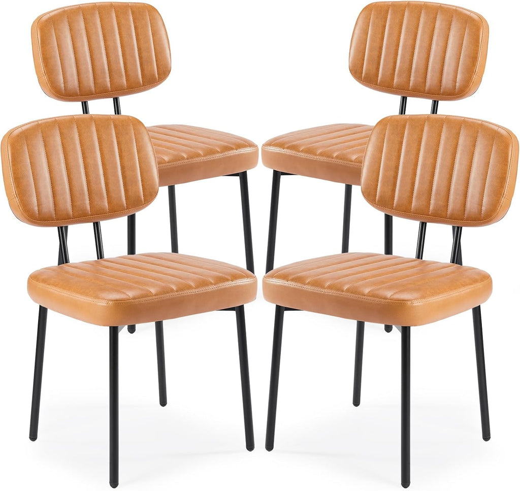 Sweetcrispy Dining Chairs Set of 4, Upholstered Mid Century Modern Kitchen Accent Chairs with Faux Leather Cushion Seat & Metal Legs for Home Office, Living Room - Brown