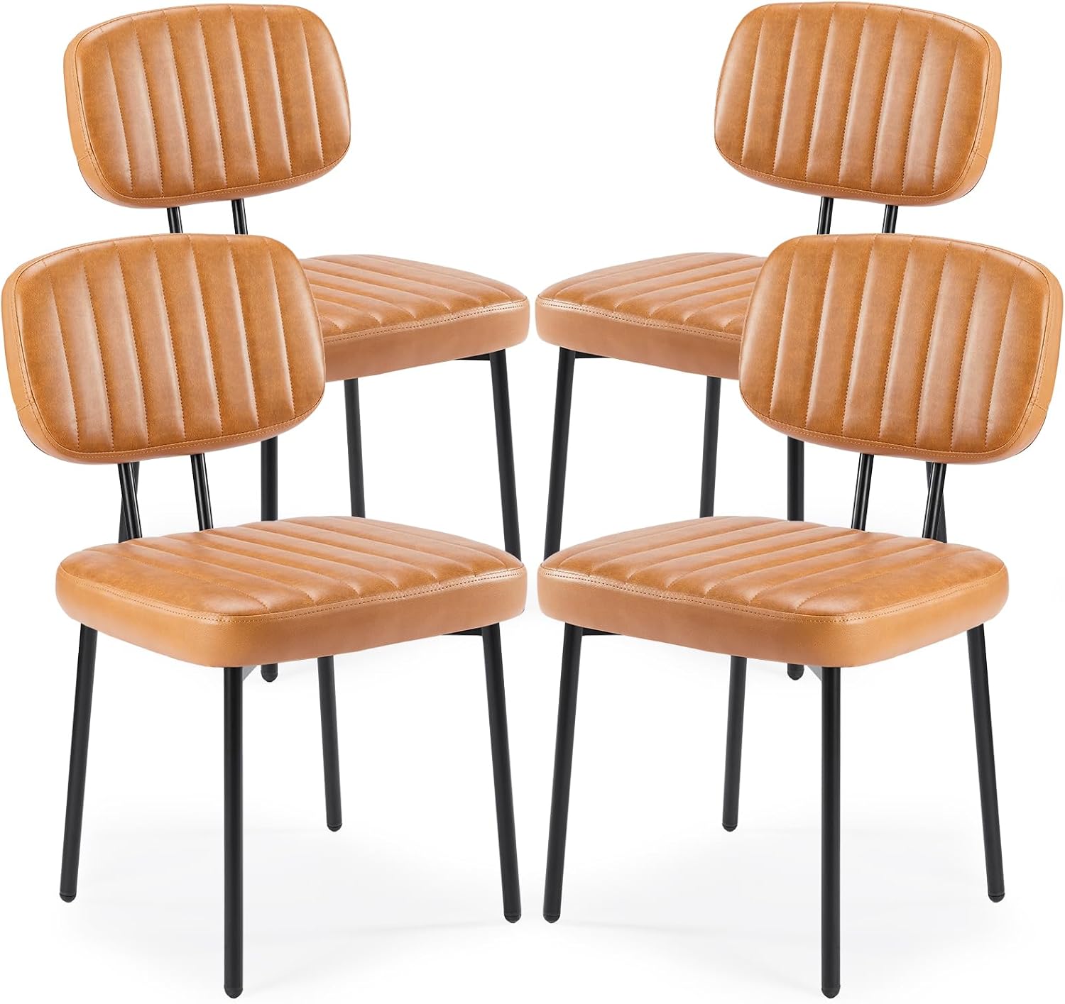 Sweetcrispy Dining Chairs Set of 4, Upholstered Mid Century Modern Kitchen Accent Chairs with Faux Leather Cushion Seat & Metal Legs for Home Office, Living Room - Brown