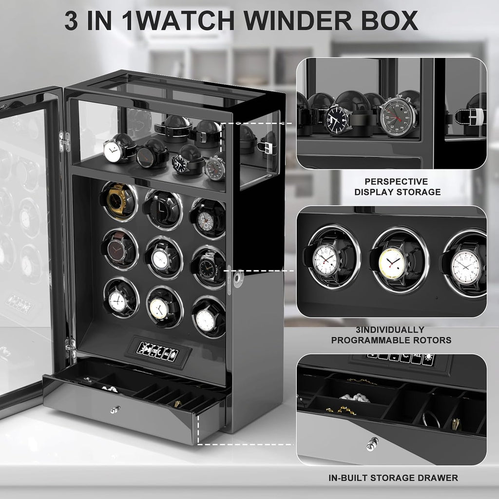 DUKWIN Watch Winder, Fingerprint Lock Automatic Watch Winder for 3/6/9 Watches with 4 Holders,300-2300 TPD,Digital Display, Remote Control,Jewelry Storage and Adjustable Watch Pillow and LED Light